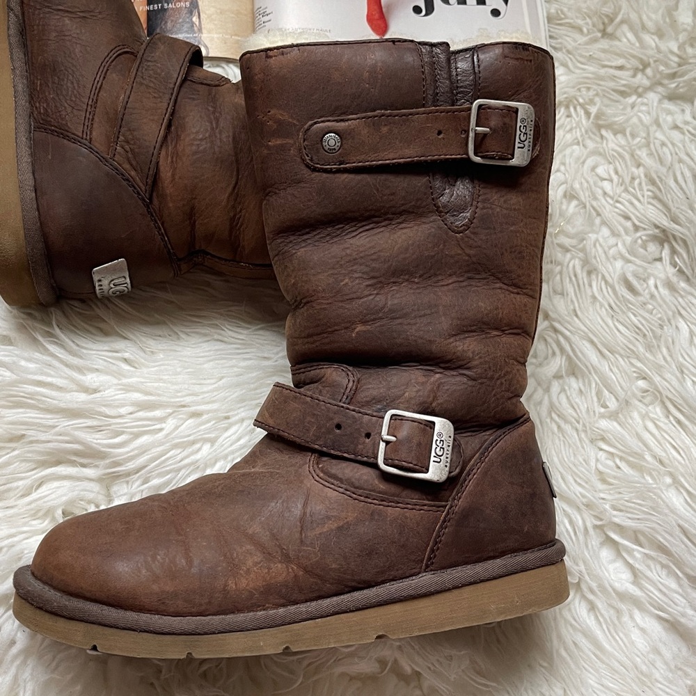 UGG Dark Brown Leather Moto Kensington Biker Engineer Sheepskin Boots - Picture 1 of 13